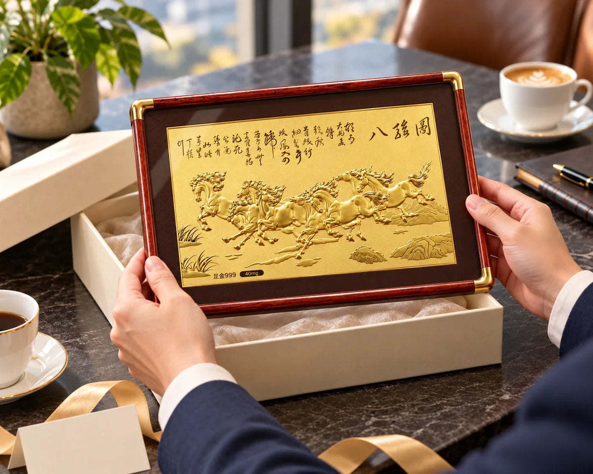 Eight Horses framed gold artwork being lifted from an open gift box.