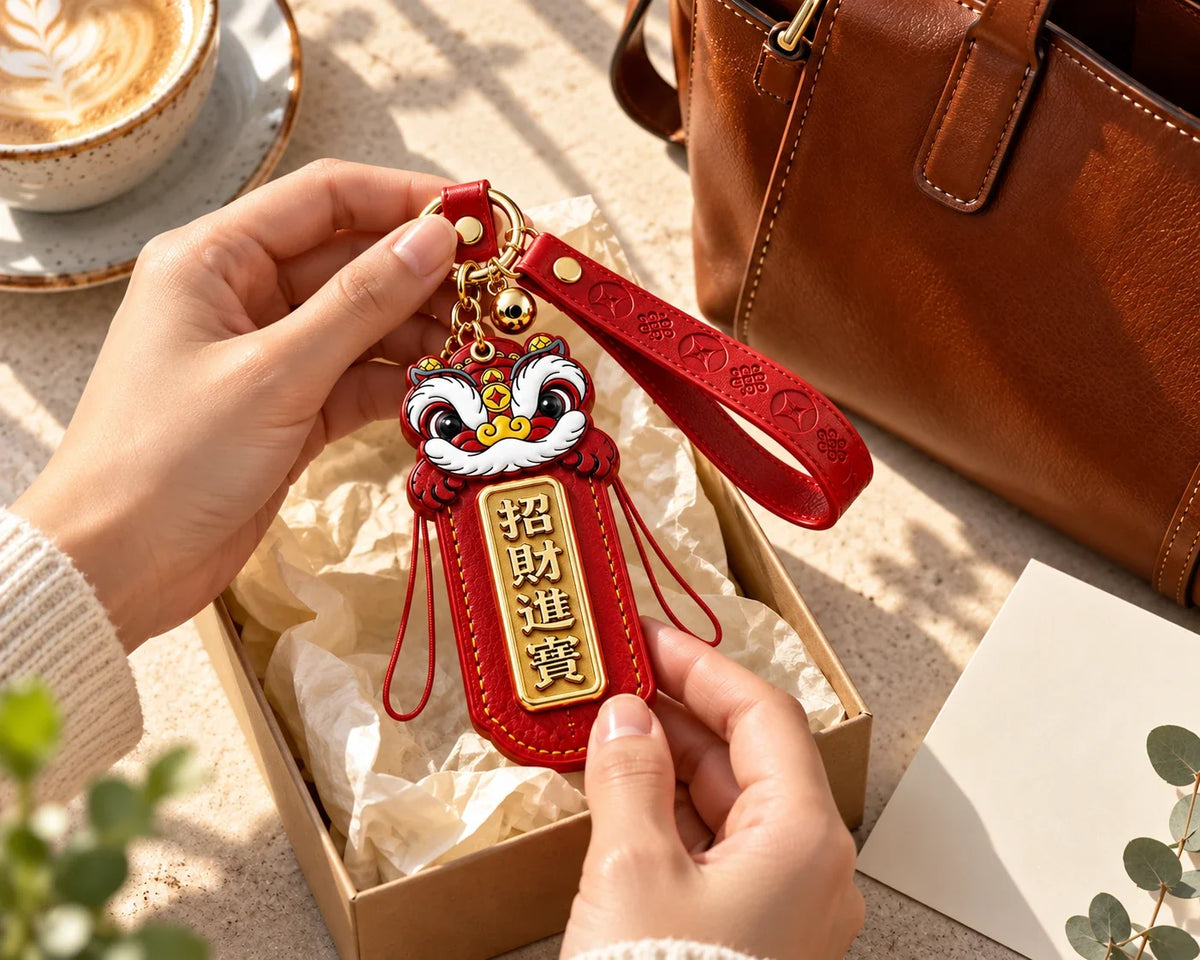 Fortune Lion pendant charm held beside a leather handbag and gift box.