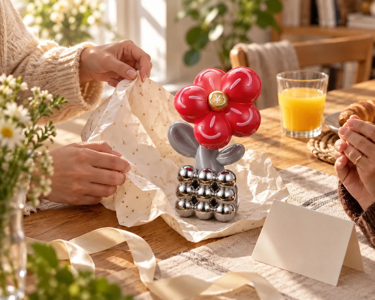 Lucky Flower ornament being unwrapped at a table with friends.