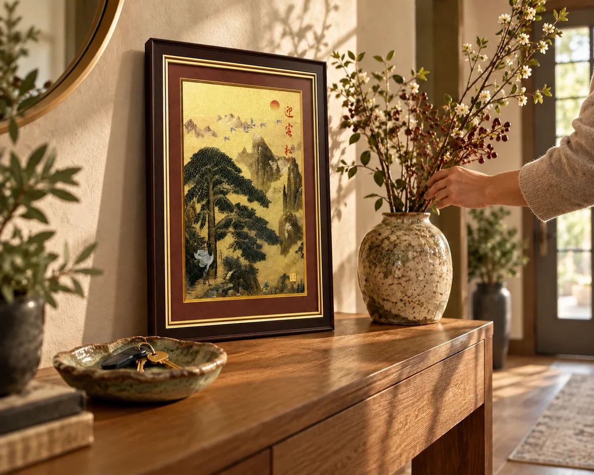 Welcoming Pine framed artwork displayed on a wooden console in a home.