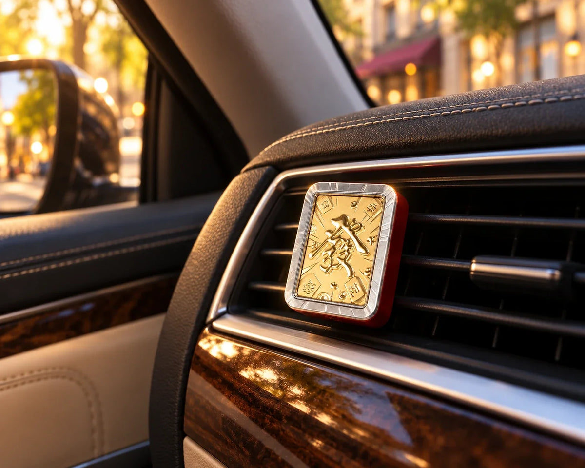 Gold car diffuser attached to a car air vent.