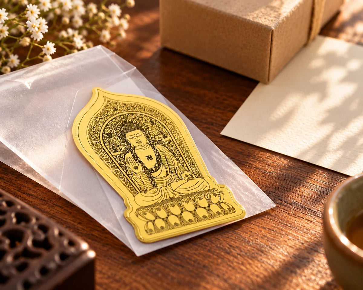 Sakyamuni gold sticker in its protective sleeve beside a small gift box.