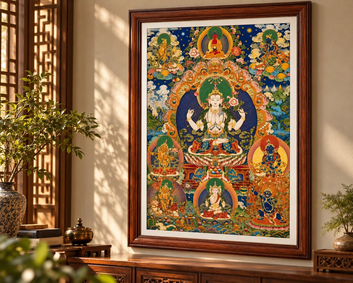 Four-Armed Avalokitesvara Thangka displayed above a wooden console.