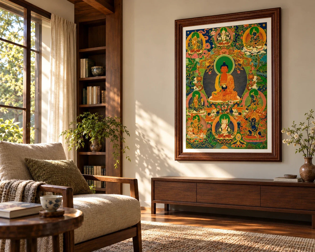 Amitabha Thangka displayed in a quiet living room with natural window light.