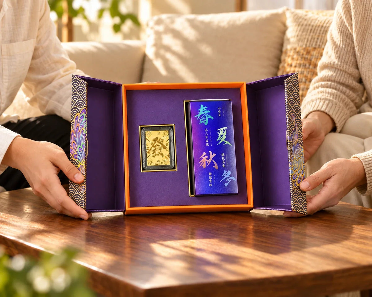 Purple and orange car diffuser gift set opened on a table during a gift exchange.