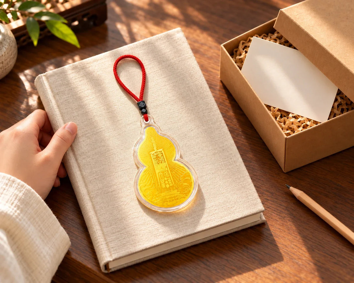 Wudang Wenchang gourd charm with its complete red cord on a notebook.