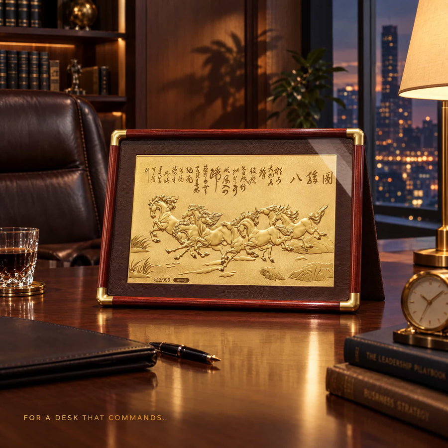 Eight Horses Framed Art - Office Desk Display — product contains a 24K gold component or detail