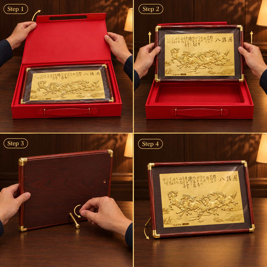 Eight Horses Framed Art - Unboxing and Tabletop Display Instructions — product contains a 24K gold component or detail