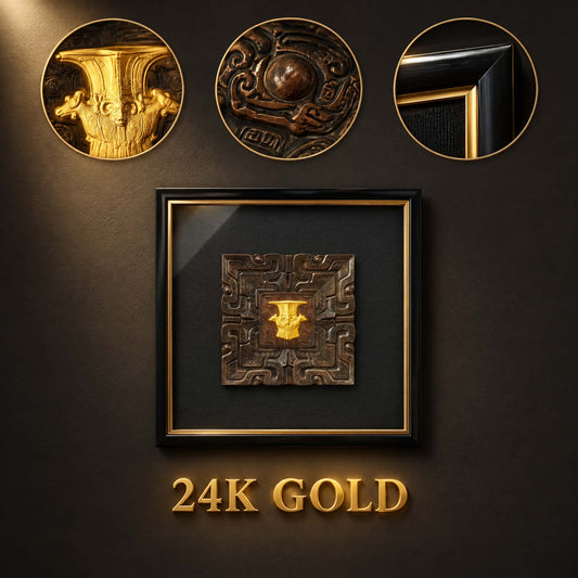 Four Rams wall art close-ups showing the gold detail, relief pattern and frame