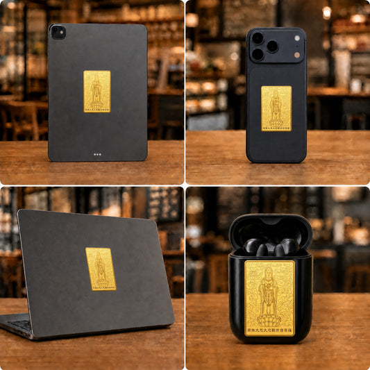 Guanyin Bodhisattva phone sticker shown on compatible personal devices, Master Xi — product contains a 24K gold component or detail