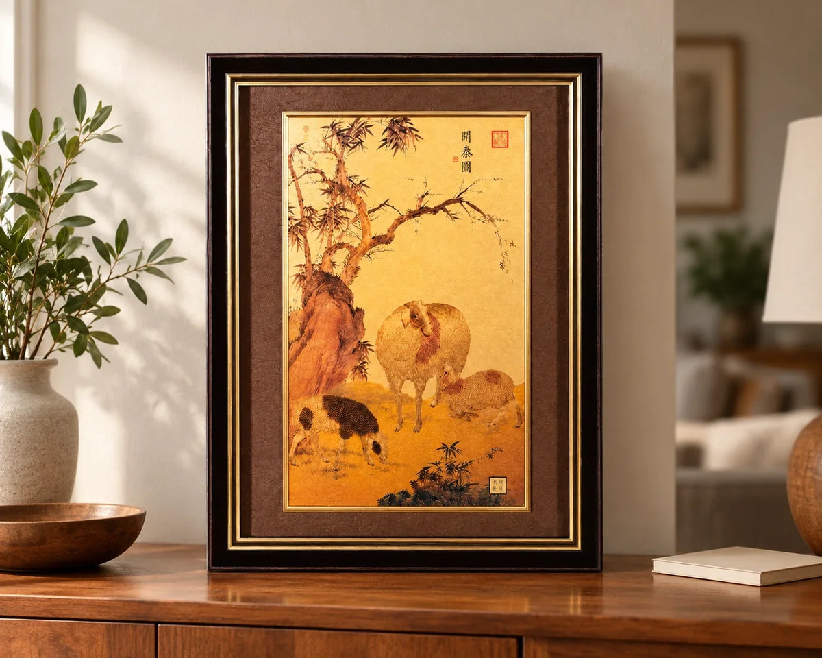 Three Rams framed gold artwork displayed on a wooden sideboard in a naturally lit home.