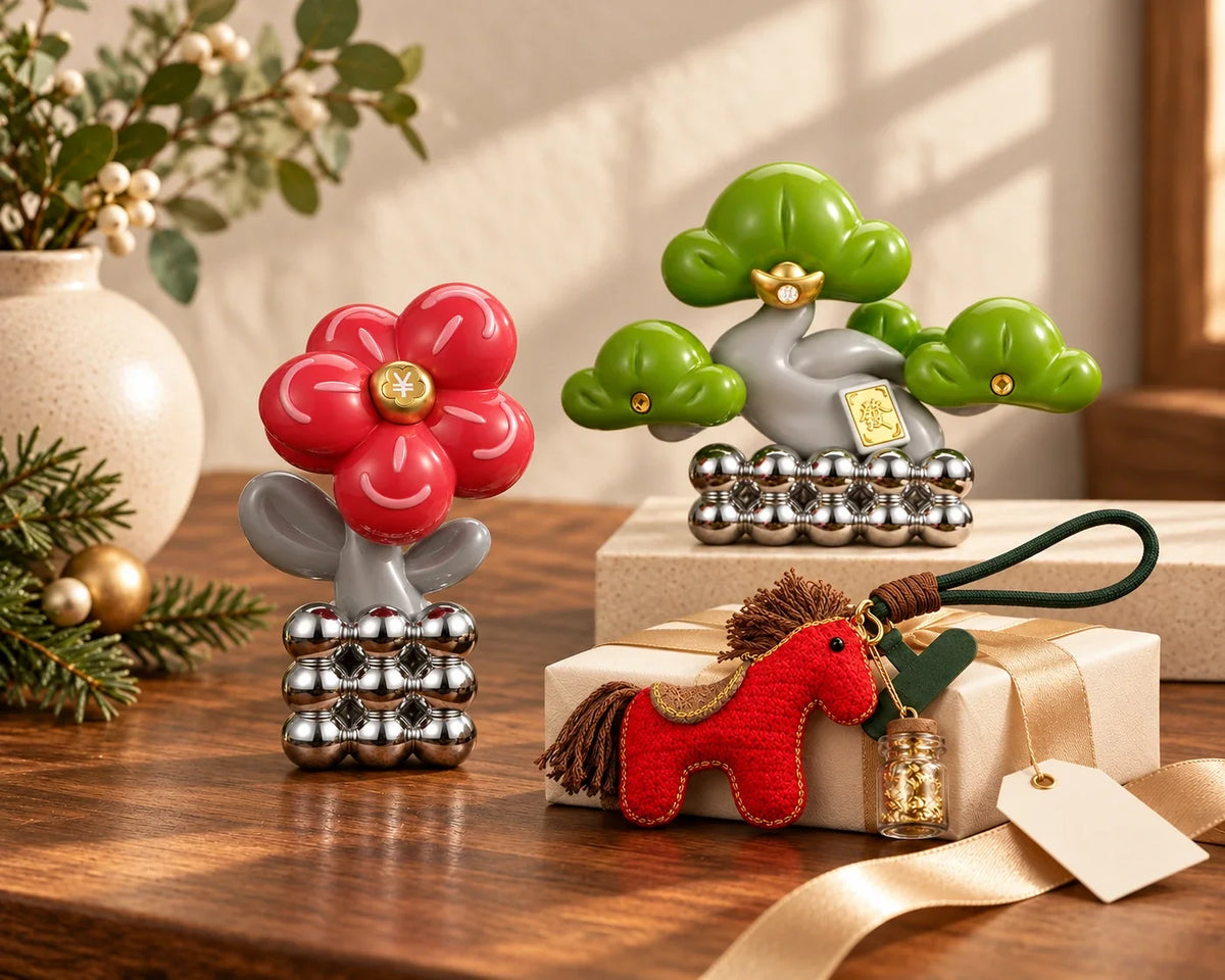 Lucky Flower, Evergreen Pine and Lucky Pony gifts arranged on a wooden table.