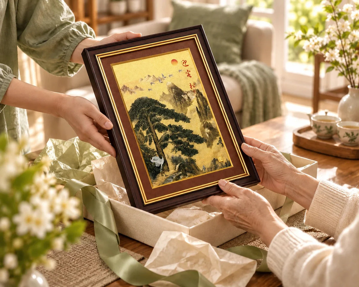 A framed Welcoming Pine artwork being taken from gift wrapping at home.