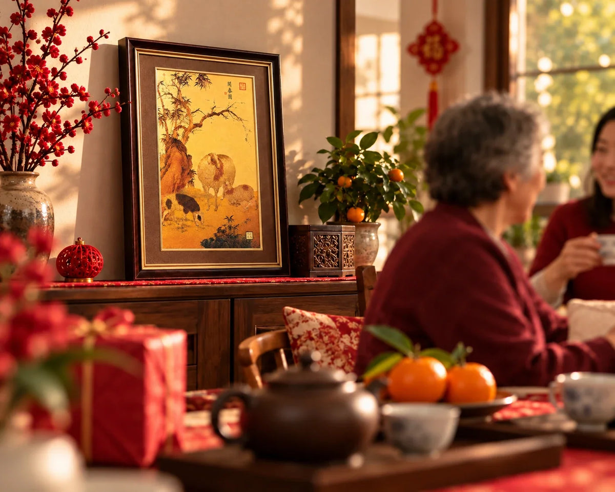 Three Rams framed artwork displayed beside a family tea table.