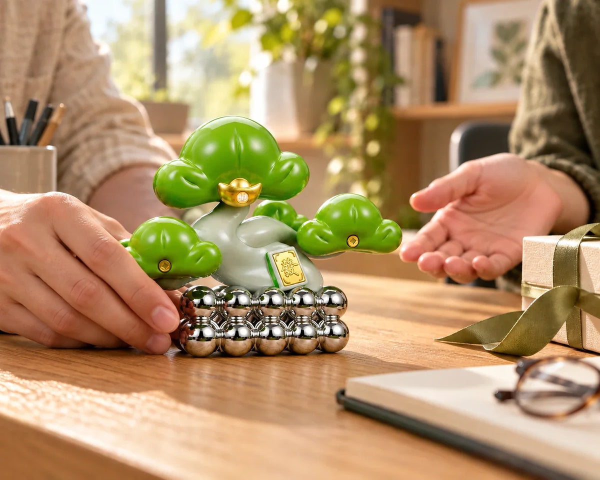 Evergreen Pine ornament being shared across a table as a small gift.