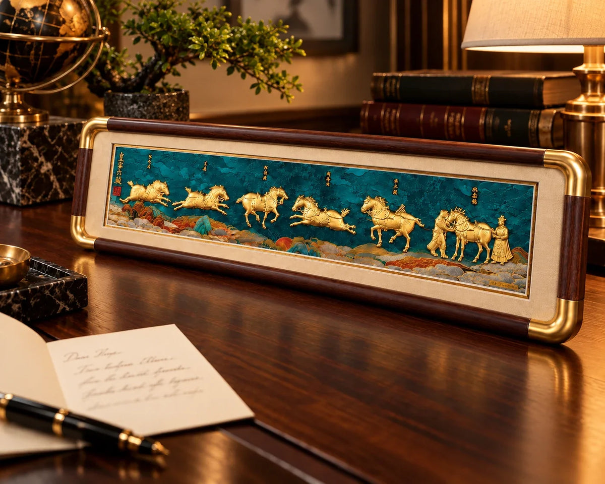 Six Horses gold artwork displayed on a desk beside a handwritten note.