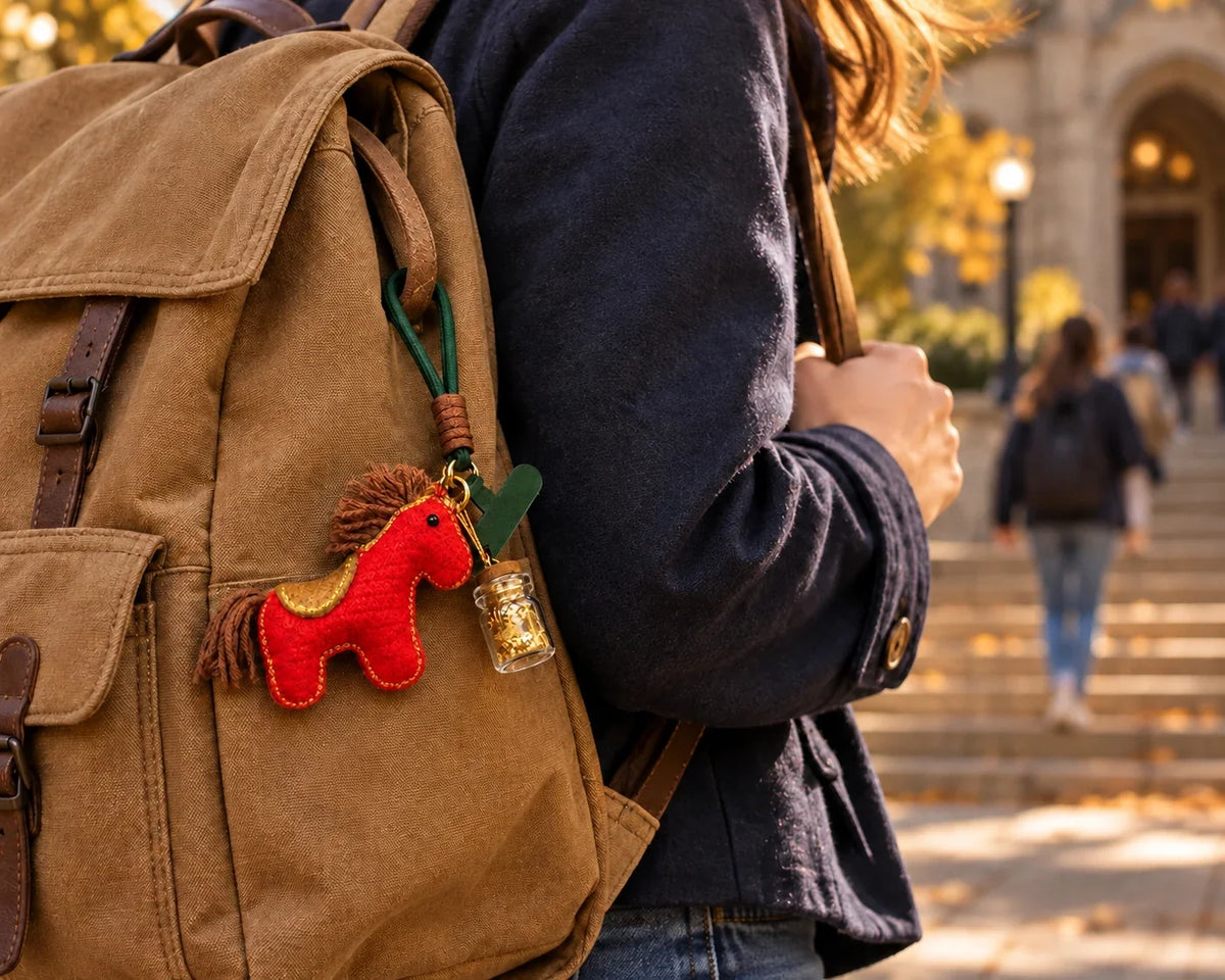 Lucky Pony charm and gold-detail bottle hanging from a canvas backpack.