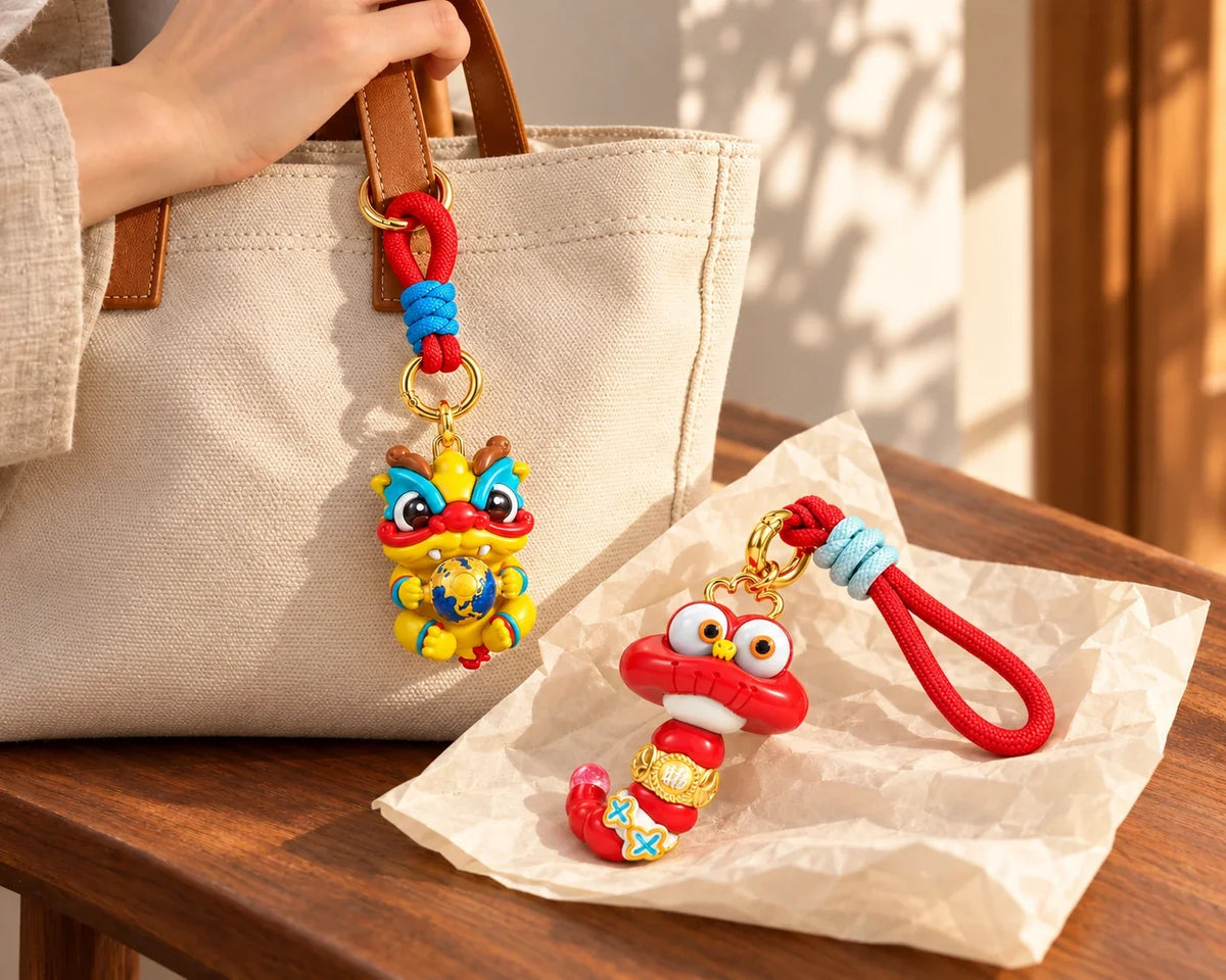 Dragon and Fortune Mascot charms beside a canvas bag and tissue wrapping.