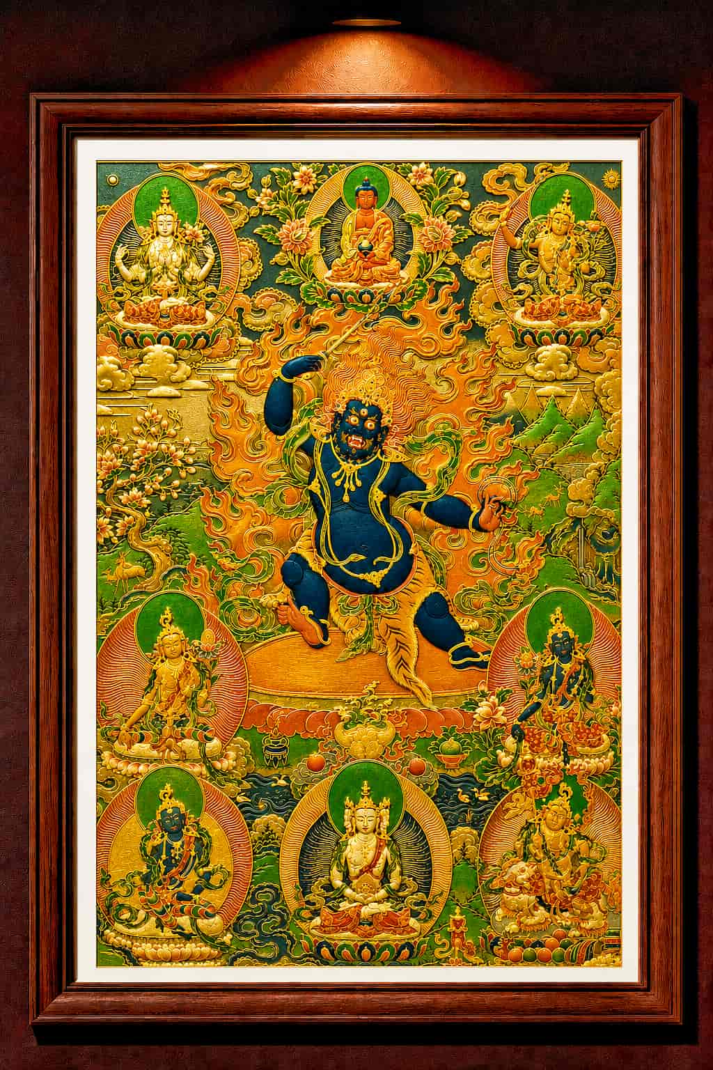 Acala Thangka Panorama Framed - Wrathful Protector Fudomyo Sacred Art Wall Display design by Master Xi — product contains a 24K gold component or detail