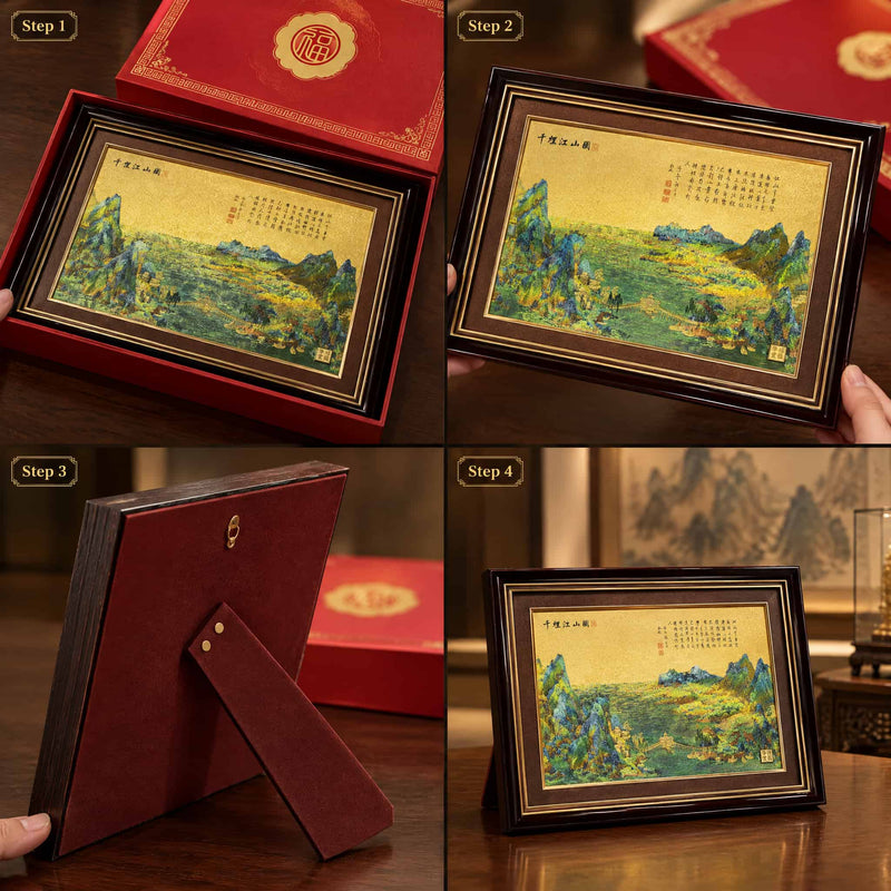 Chinese Landscape artwork unboxing steps, rear support and tabletop display instructions