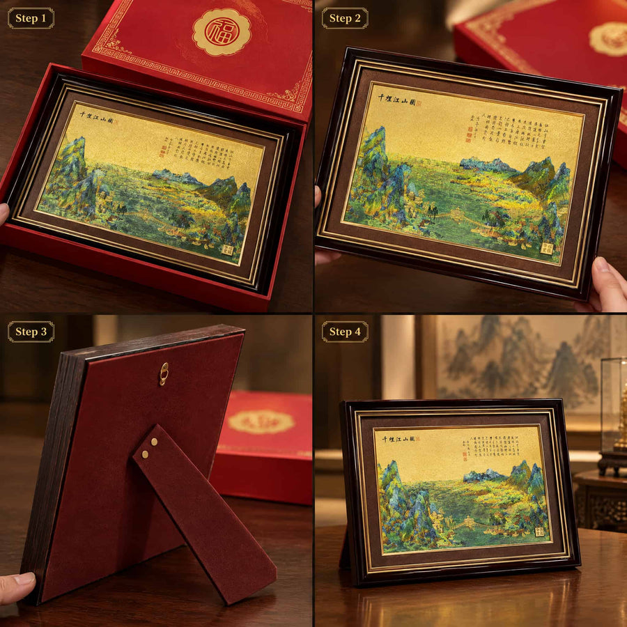 Chinese Landscape artwork unboxing steps, rear support and tabletop display instructions