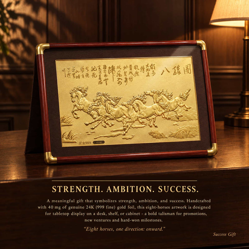 Eight Horses Framed Art - Success and Momentum Symbolism — product contains a 24K gold component or detail