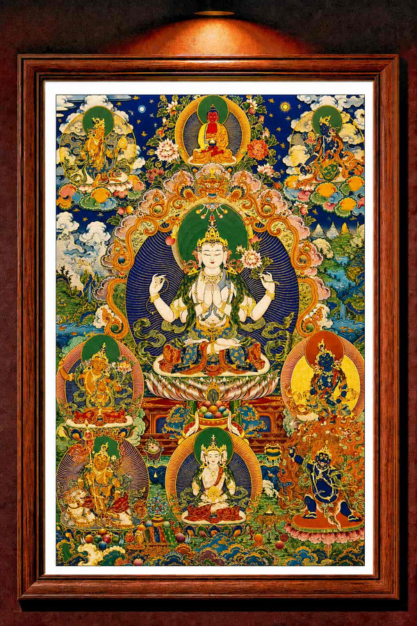24K Gold Four-Armed Avalokitesvara Thangka - Chenrezig Guanyin Compassion Blessing Sacred Art | Master Xi