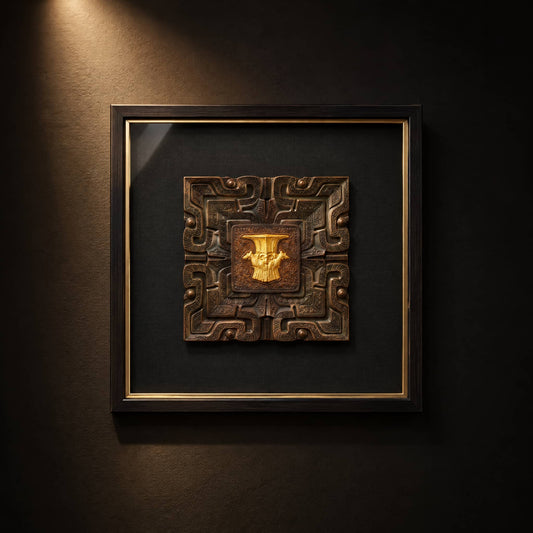 Four Rams wall art with a central 24K gold detail in a square black frame, front view