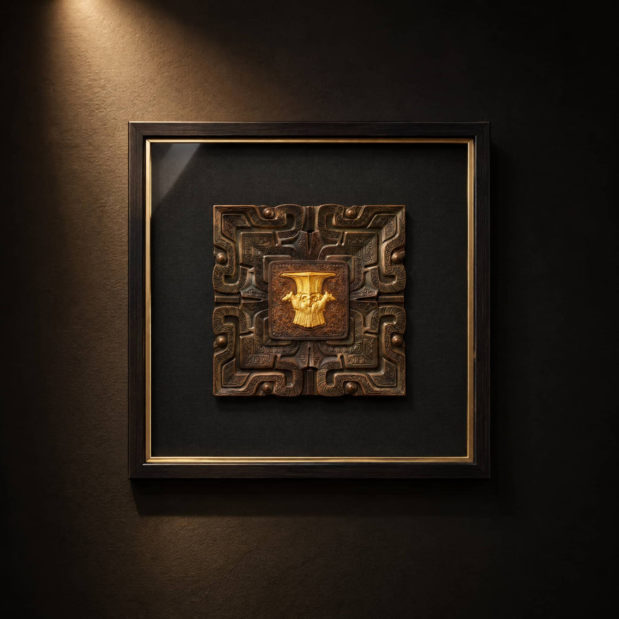 Four Rams wall art with a central 24K gold detail in a square black frame, front view