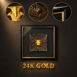Four Rams wall art close-ups showing the gold detail, relief pattern and frame