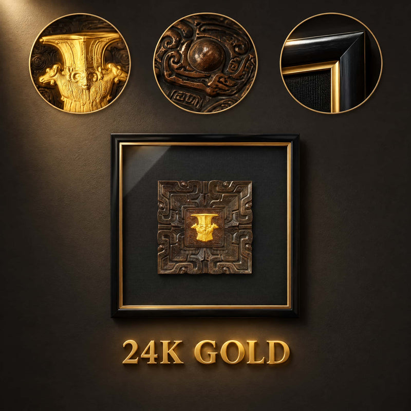 Four Rams wall art close-ups showing the gold detail, relief pattern and frame