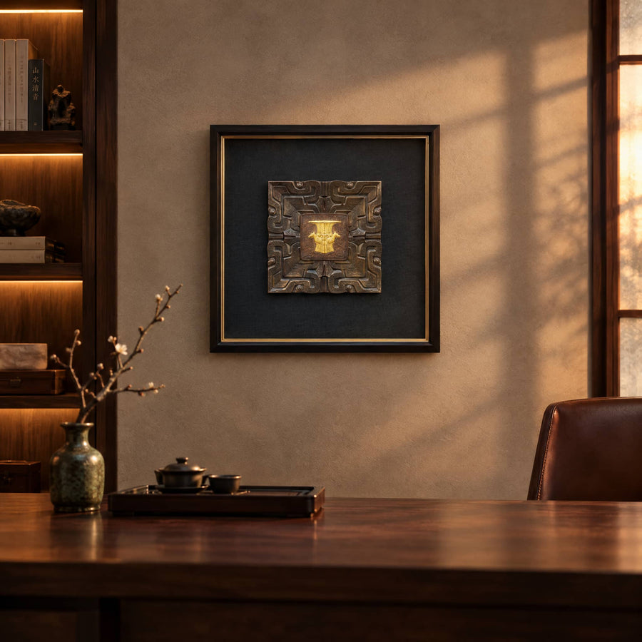 Four Rams wall art displayed above a desk in a warmly lit office