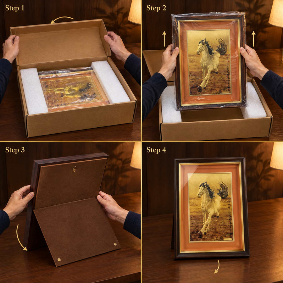 Galloping Horse Artwork - Unboxing and Tabletop Display Instructions — product contains a 24K gold component or detail