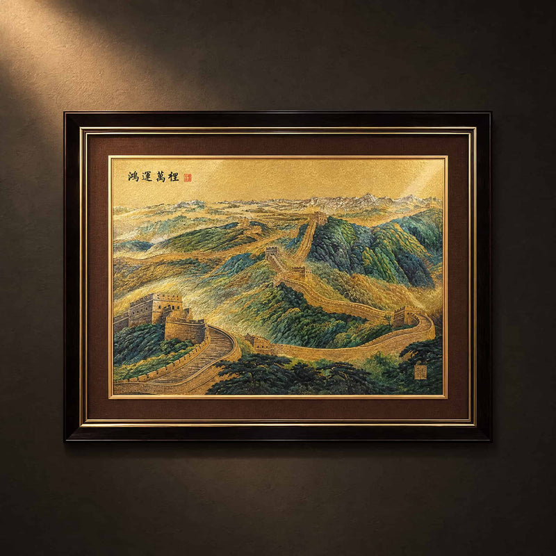 Great Wall artwork with 24K gold details and green mountain ridges in a dark frame, front view