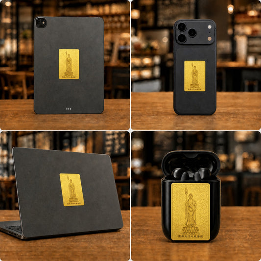 Dizang Bodhisattva phone sticker shown on compatible personal devices, Master Xi — product contains a 24K gold component or detail