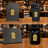 Sakyamuni Buddha phone sticker shown on compatible personal devices, Master Xi — product contains a 24K gold component or detail