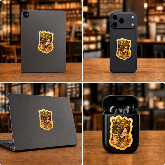 Wealth Tibetan Goddess phone sticker shown on compatible personal devices, Master Xi — product contains a 24K gold component or detail
