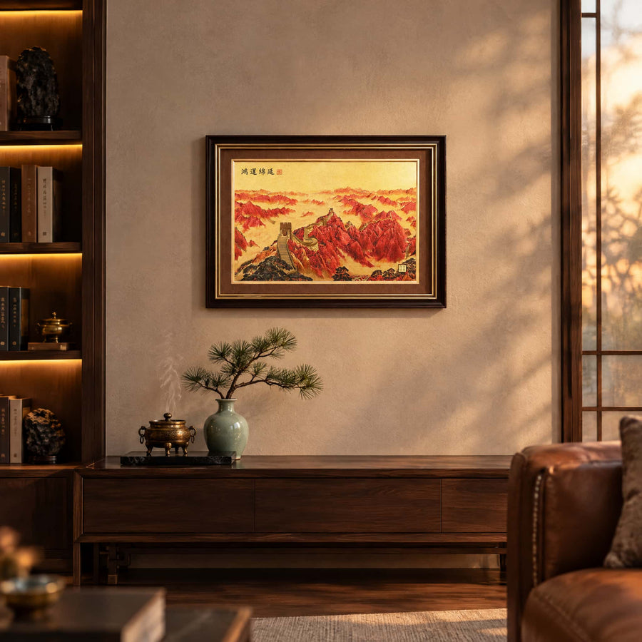 Red Mountain Landscape artwork displayed on an office wall above a wooden desk
