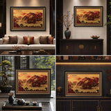 Red Sun Fortune Mountain Artwork in Office - Lifestyle Scene — product contains a 24K gold component or detail