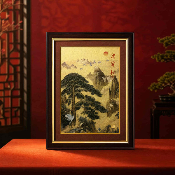 Welcoming Pine Crane Sunrise Artwork - Front View — product contains a 24K gold component or detail