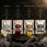 Four fragrance sachets for the Mahjong car diffuser shown with flowers and scent notes.