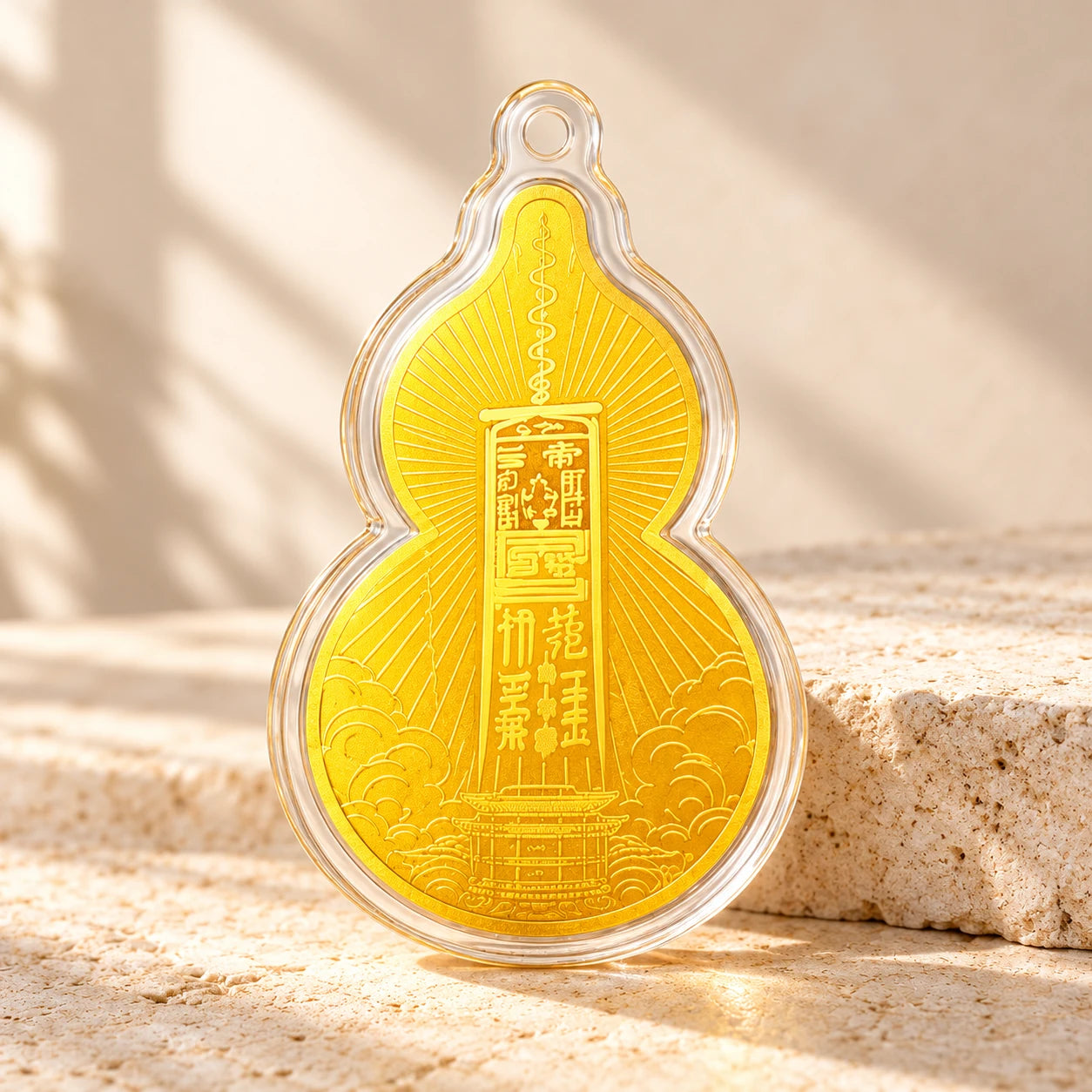 Full front face of the Wudang Wenchang gourd-shaped pendant with clear edge and engraved temple detail