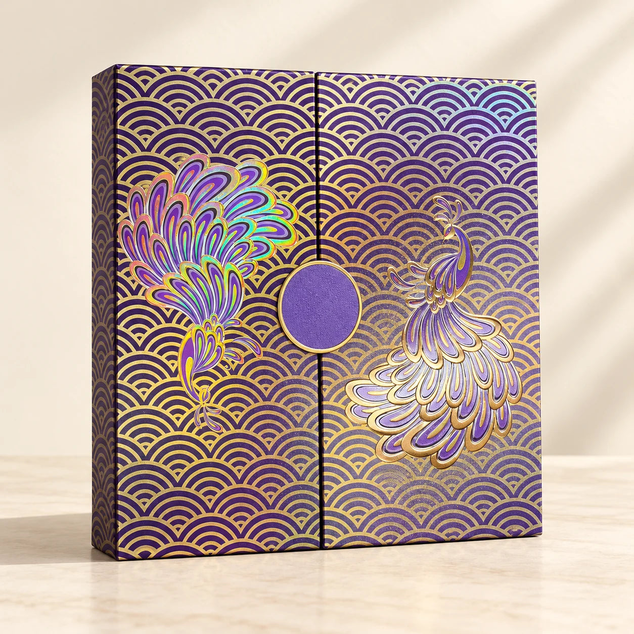 Purple presentation case with metallic peacock and wave decoration, shown in full