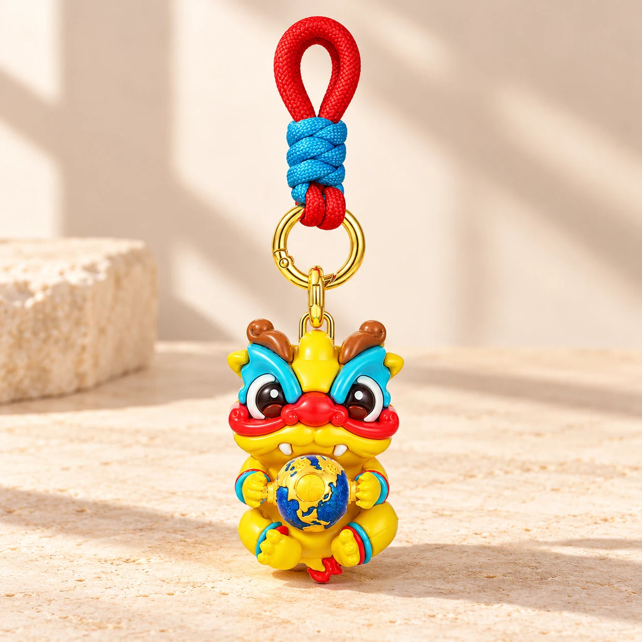 Meteorite Edition Dragon Charm with yellow body, blue and red face details, globe and complete braided hanging cord