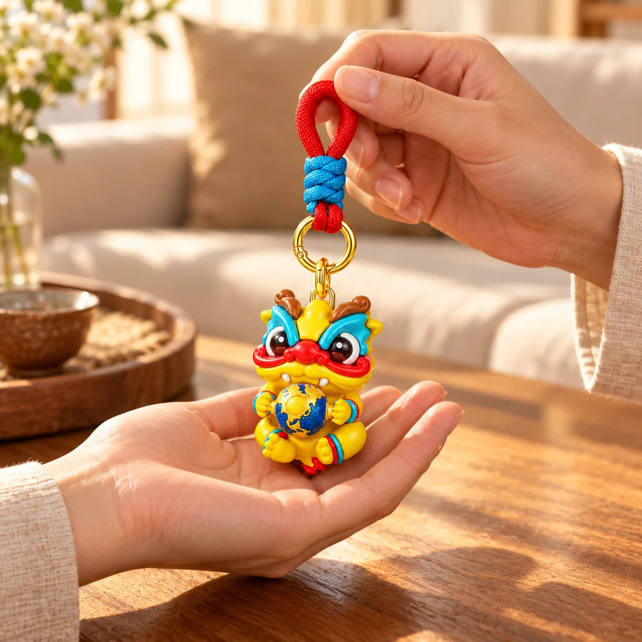 One person giving the complete yellow and blue dragon charm to another person
