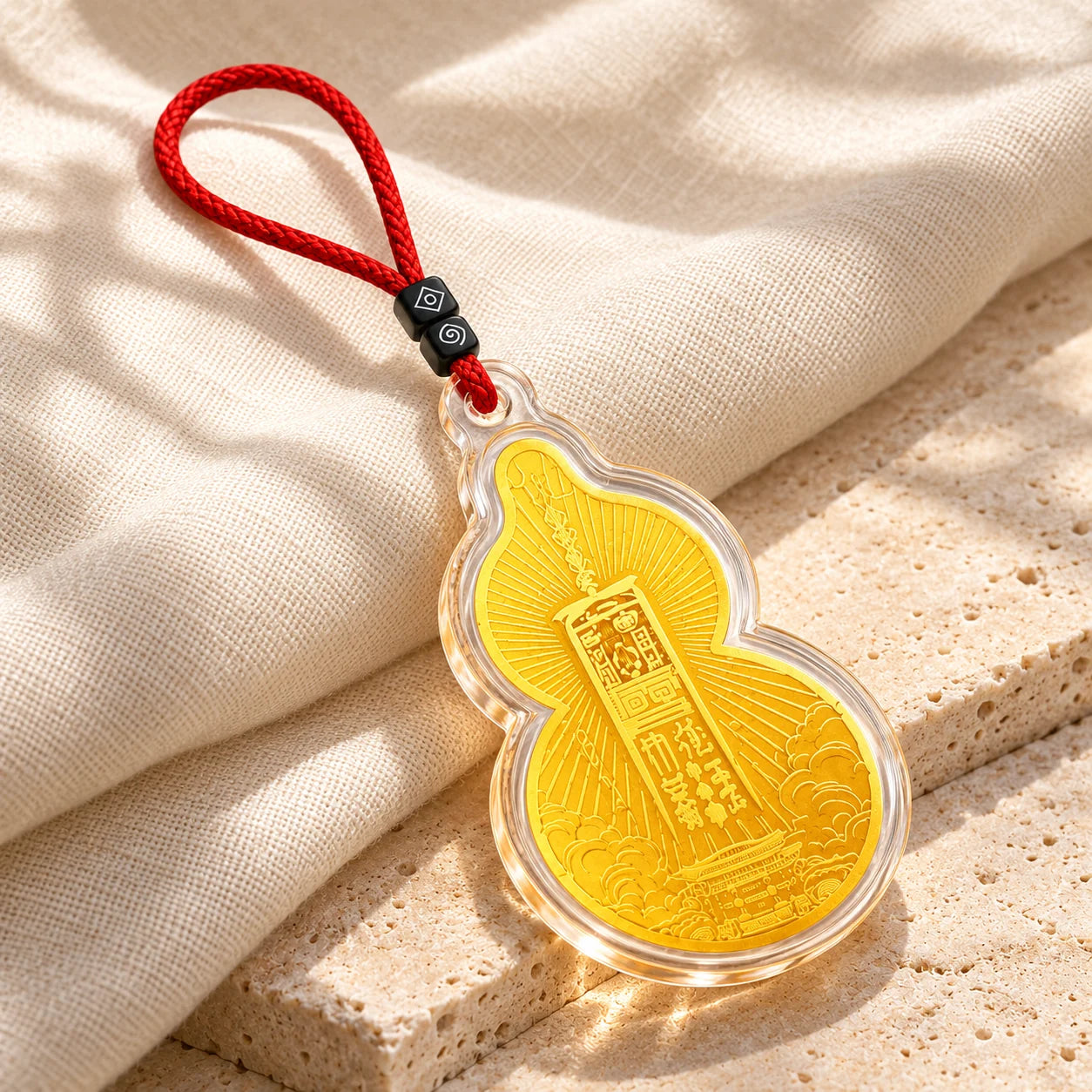 Complete Wudang Wenchang gourd charm and red cord arranged diagonally on warm linen