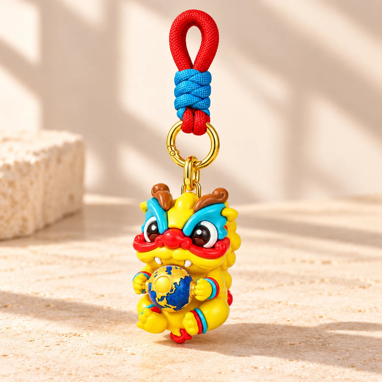 Complete Dragon Charm at a gentle three-quarter angle with its red loop, blue knot and gold-toned ring