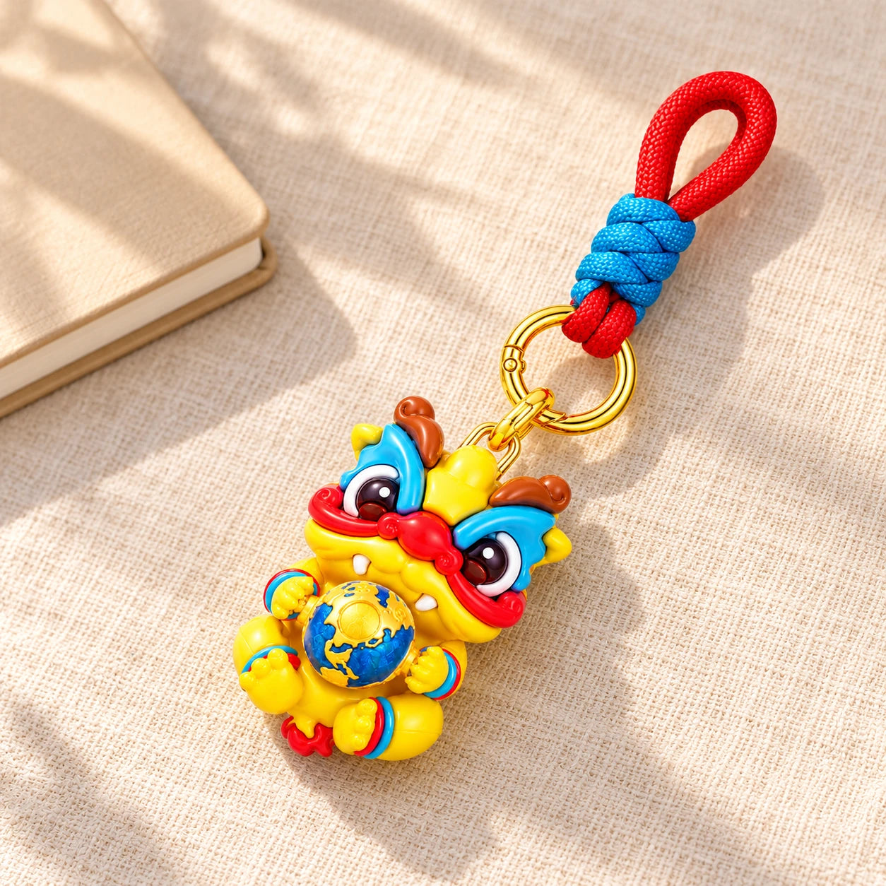 Complete Dragon Charm arranged on ivory linen beside a closed neutral notebook