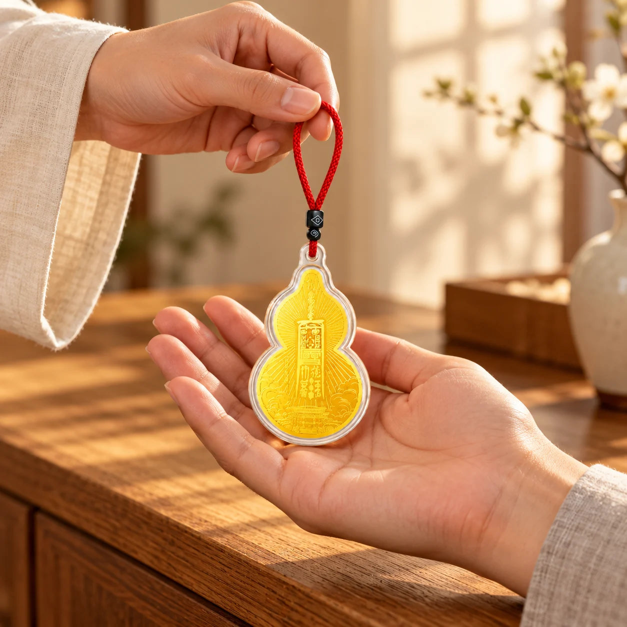A Wudang Wenchang gourd charm with its full red cord being offered into an open hand
