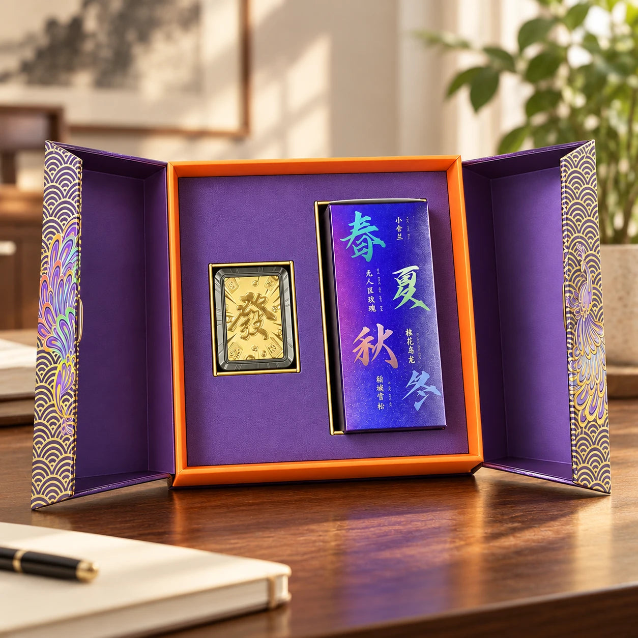 Complete open diffuser gift set on a quiet desk with softly blurred notebook and greenery